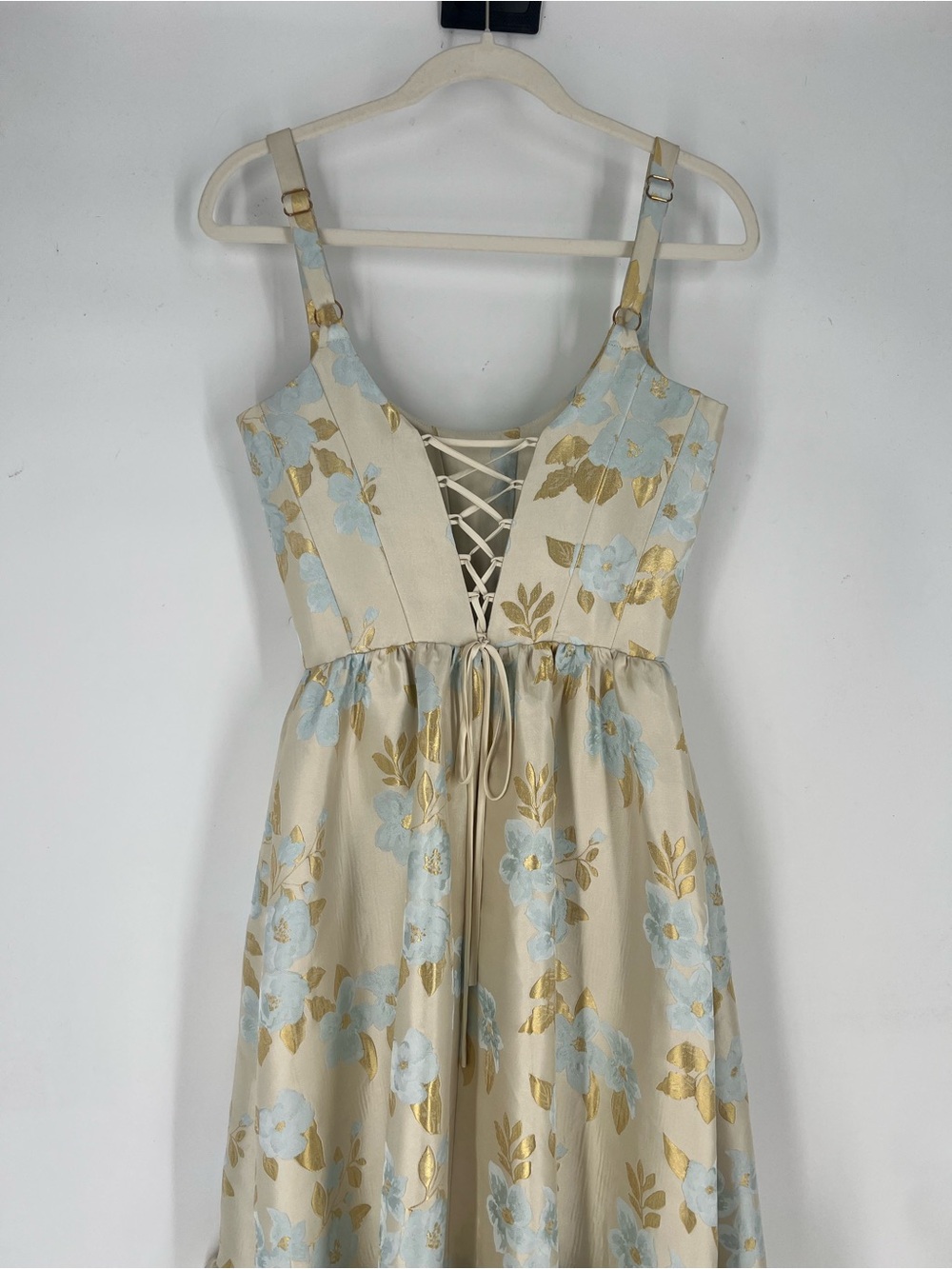 V. Chapman Avery Light Blue Cream Gold Floral Brocade Corset Back Maxi Dress 4 - Picture 6 of 9
